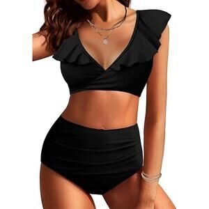 New AI'MAGE Women Large High Waisted Tummy Control Ruffle Tie Bikini Swimsuit